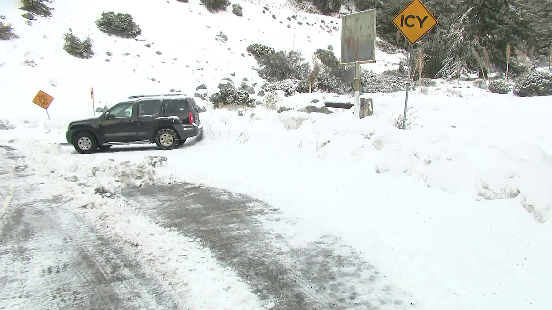 A vehicle is seen on the side of road in the Mt. Baldy area on Feb. 11, 2019. (Credit: KTLA)