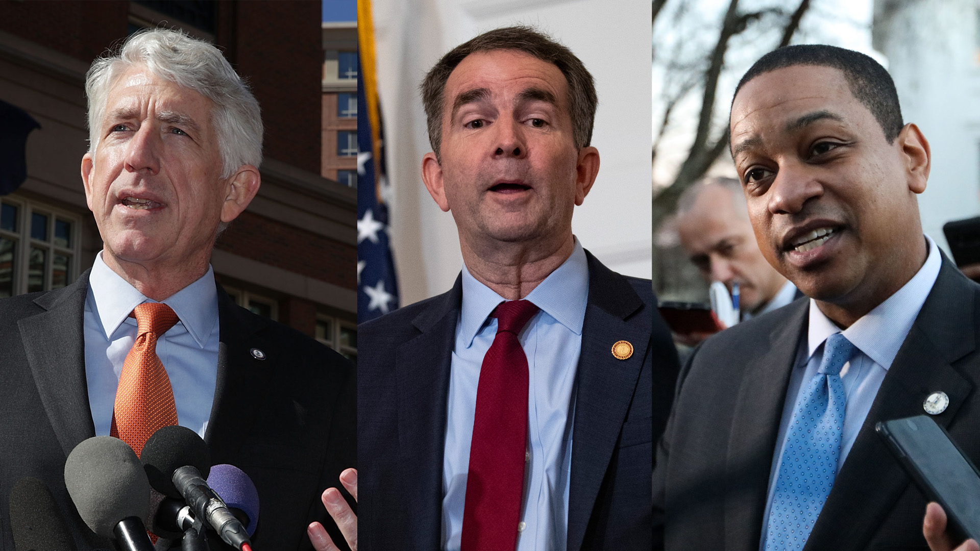 From left: Virginia Attorney General Mark Herring, Governor Ralph Northam, Lt. Gov. Justin Fairfax, are seen in these images speaking to the media. (Credit: Alex Wong/Alex Edelman/Logan Cyrus/Getty Images)