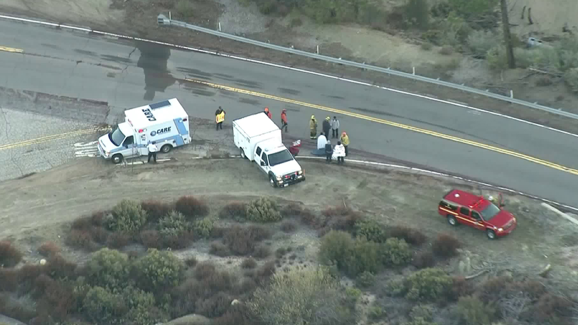 First responders attend to patients after a truck plunged off the Angeles Crest Highway on March 4, 2019. (Credit: Sky5)