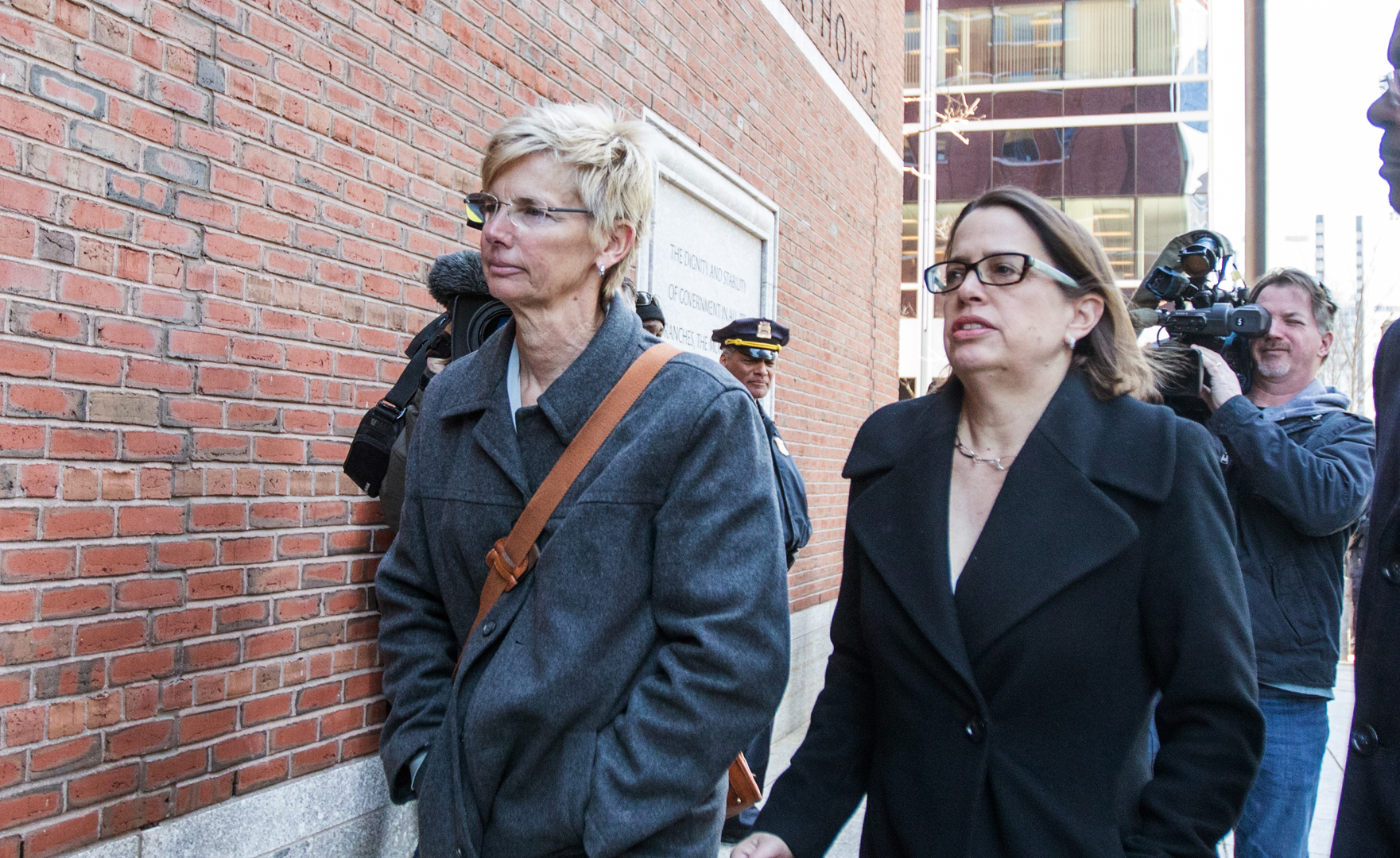 Donna Heinel, left, former senior associate athletic director at USC for her arraignment at Boston Federal Court on March 25, 2019, in Boston. (Scott Eisen/Getty Images)