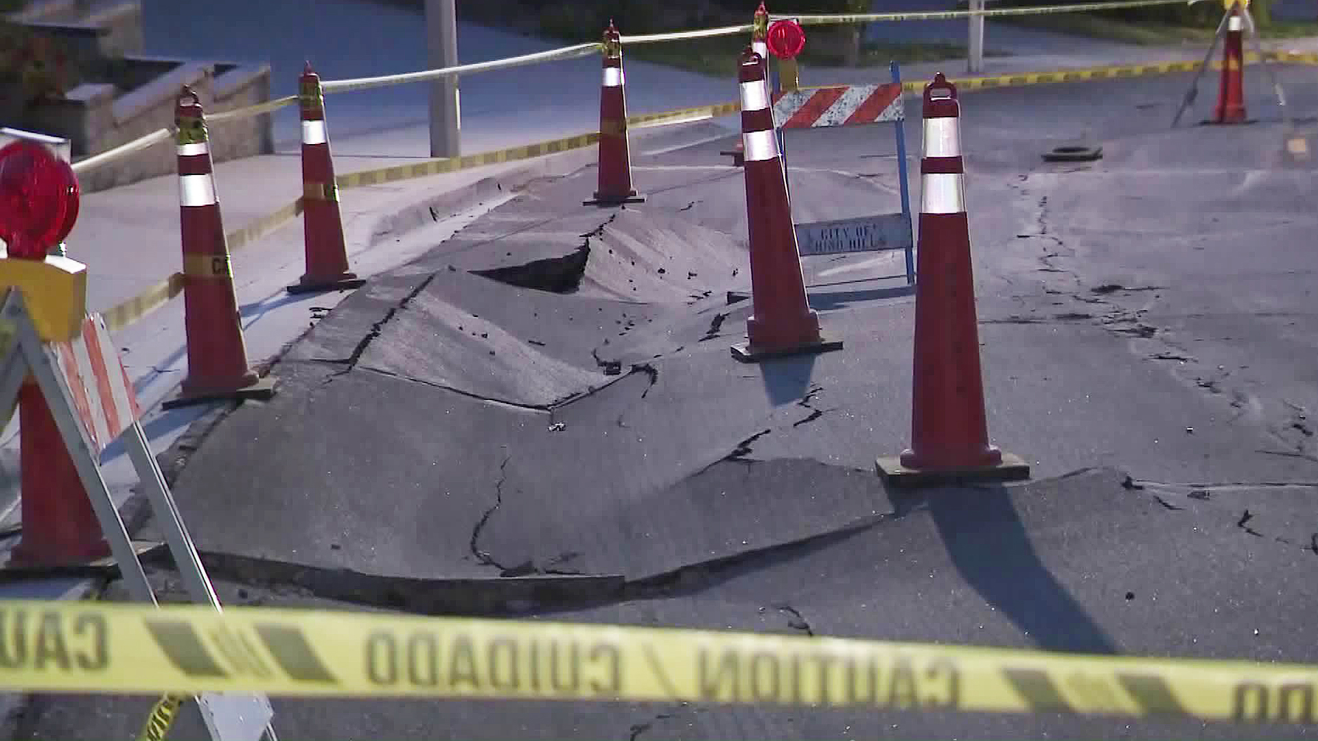 Rancho Hills Drive is seen following a water main break on March 17, 2019. .(Credit: KTLA)