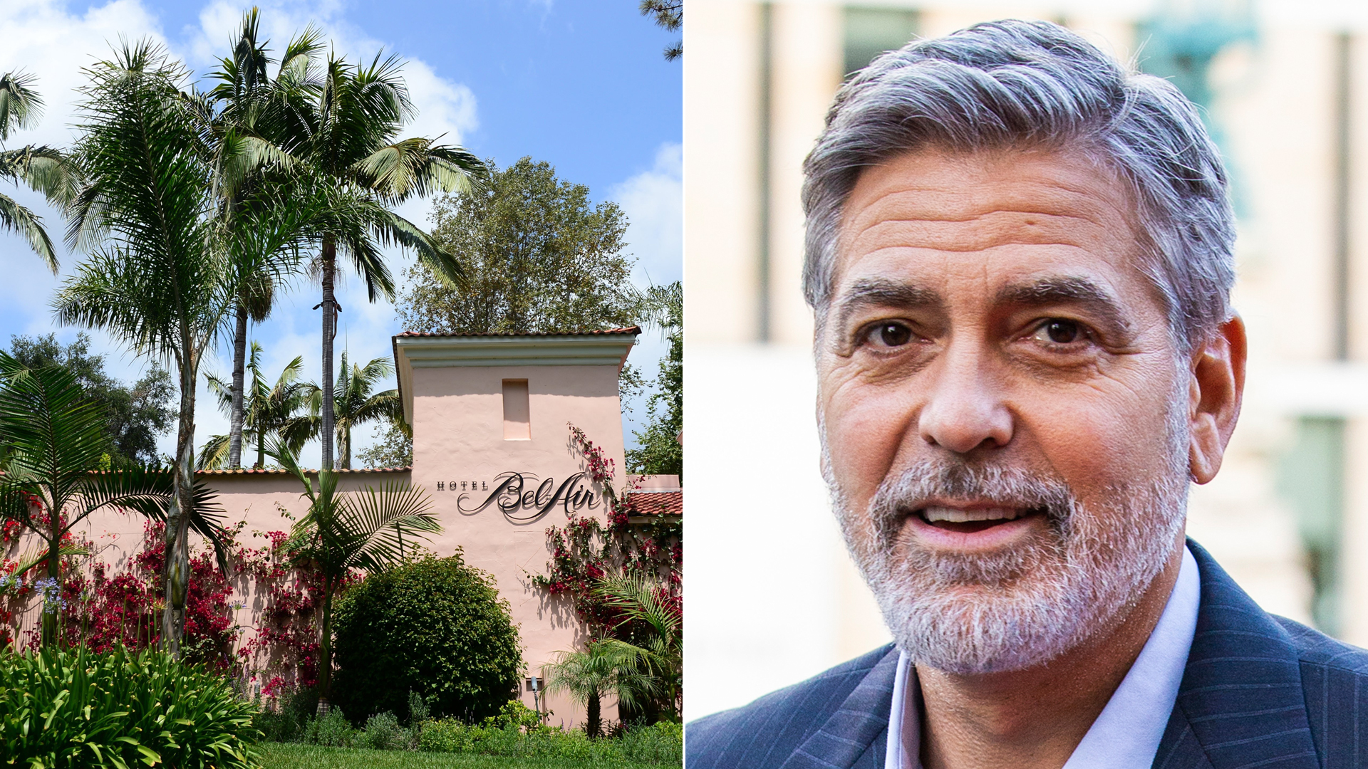 From right: The Bel-Air Hotel in Los Angeles, owned by the Sultan of Brunei, is shown on May 7, 2014, and George Clooney attends the charity gala in Edinburgh, Scotland, on March 15, 2019. (Credit: Frederic J. Brown / Duncan McGlynn / AFP / Getty Images)