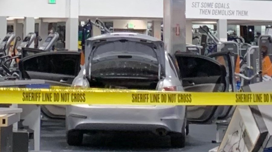 A car is seen after crashing into a gym in La Mirada on March 19, 2019. (Credit: Los Angeles County Sheriff's Department)