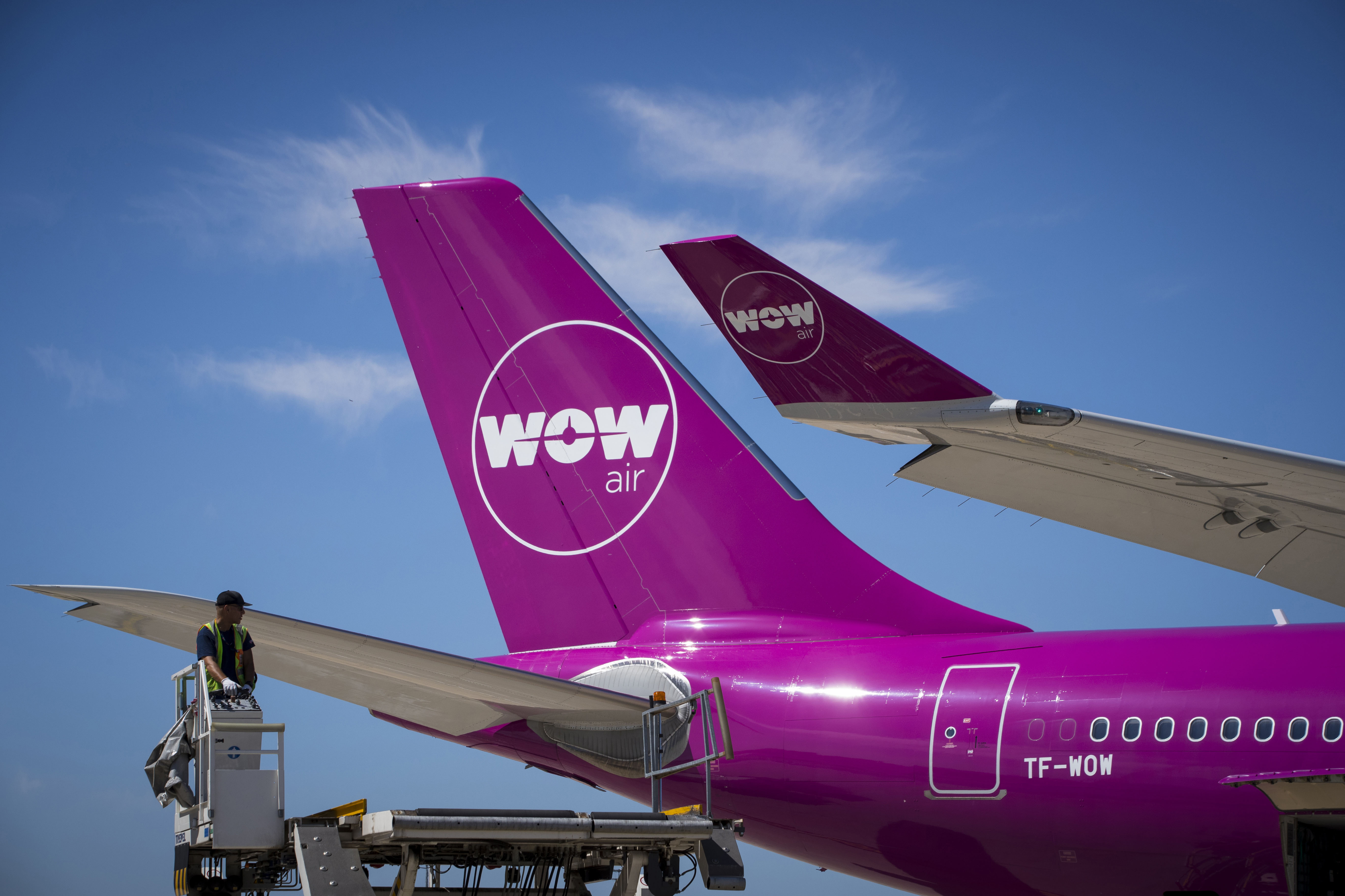 A picture taken on Aug. 6, 2018, shows a Wow plane on the tarmac of Roissy-Charles de Gaulle Airport, north of Paris. (Credit: JOEL SAGET/AFP/Getty Images)