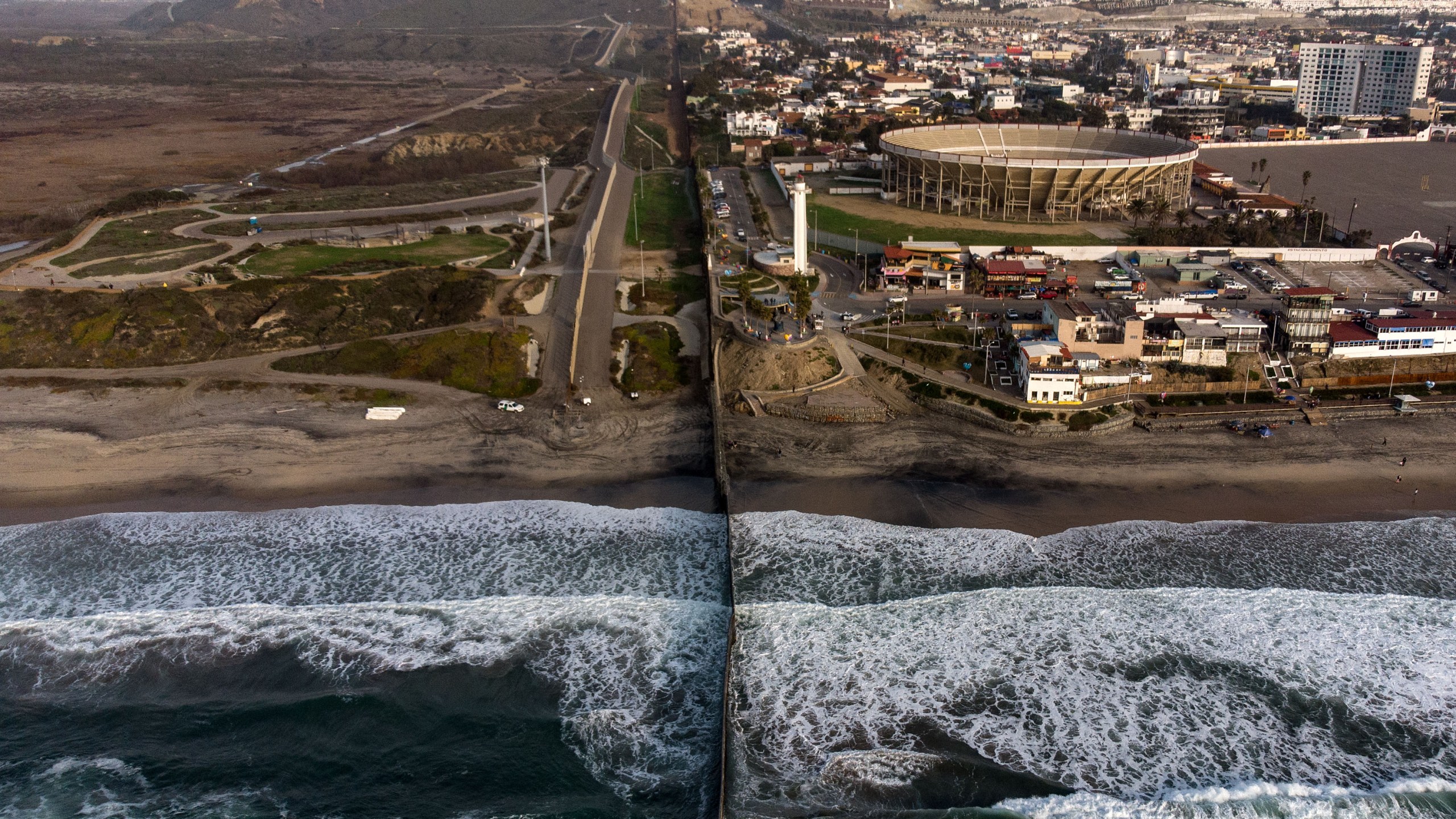 Aerial view of the U.S.-Mexico border fence seen from Playas de Tijuana, Baja California state, on Jan. 11, 2019. (Credit: Guillermo Arias / AFP / Getty Images)