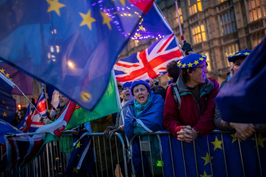 Pro-Brexit protesters demonstrate outside the Houses of Parliament on March 13, 2019 in London. (Credit: Jack Taylor/Getty Images)