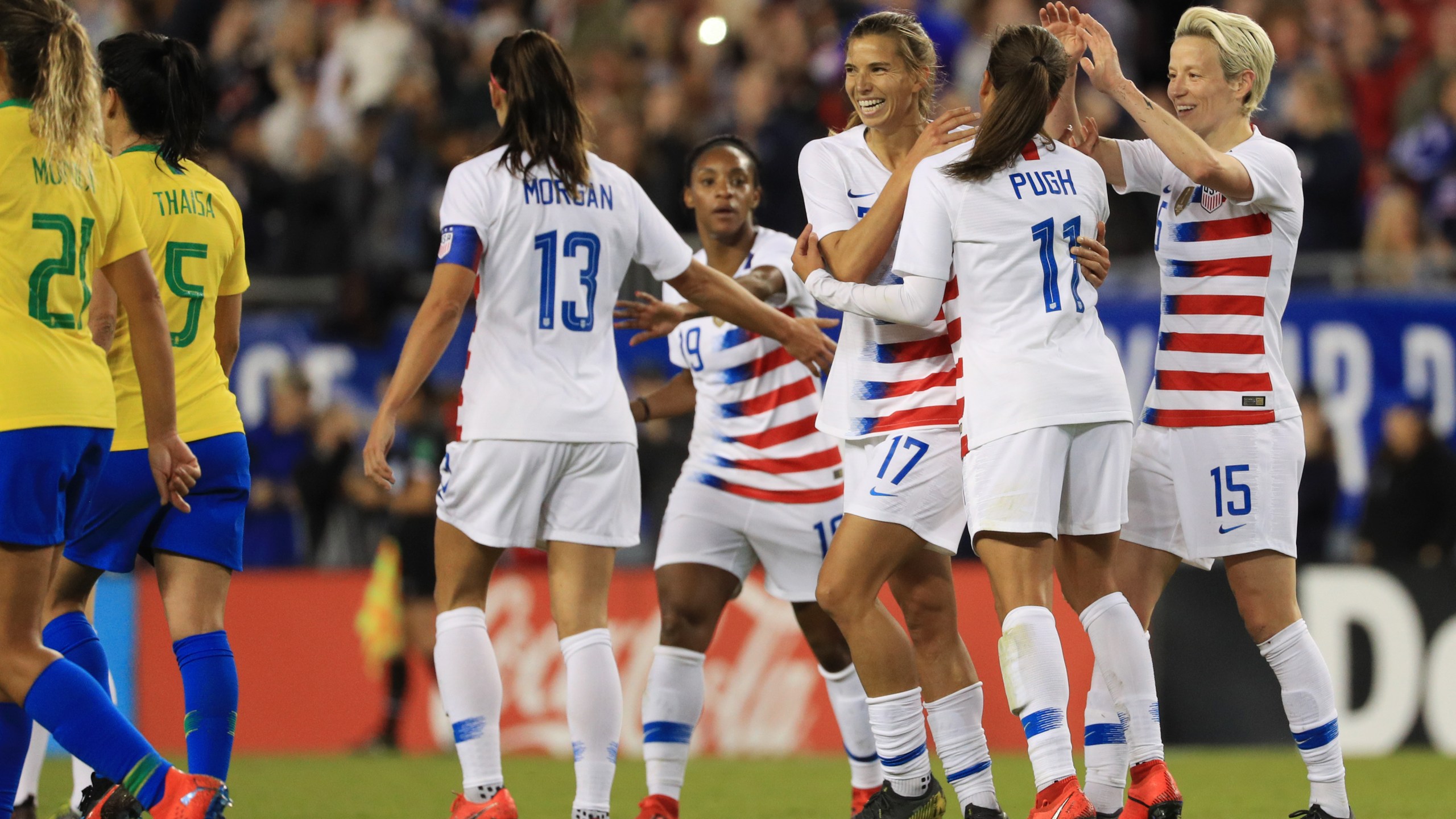 Megan Rapinoe, Mallory Pugh and Alex Morgan celebrate with Tobin Heath after a goal against Brazil in the first half of the "She Believes Cup" at Raymond James Stadium on March 5, 2019, in Tampa, Florida. (Credit: Mike Ehrmann/Getty Images)