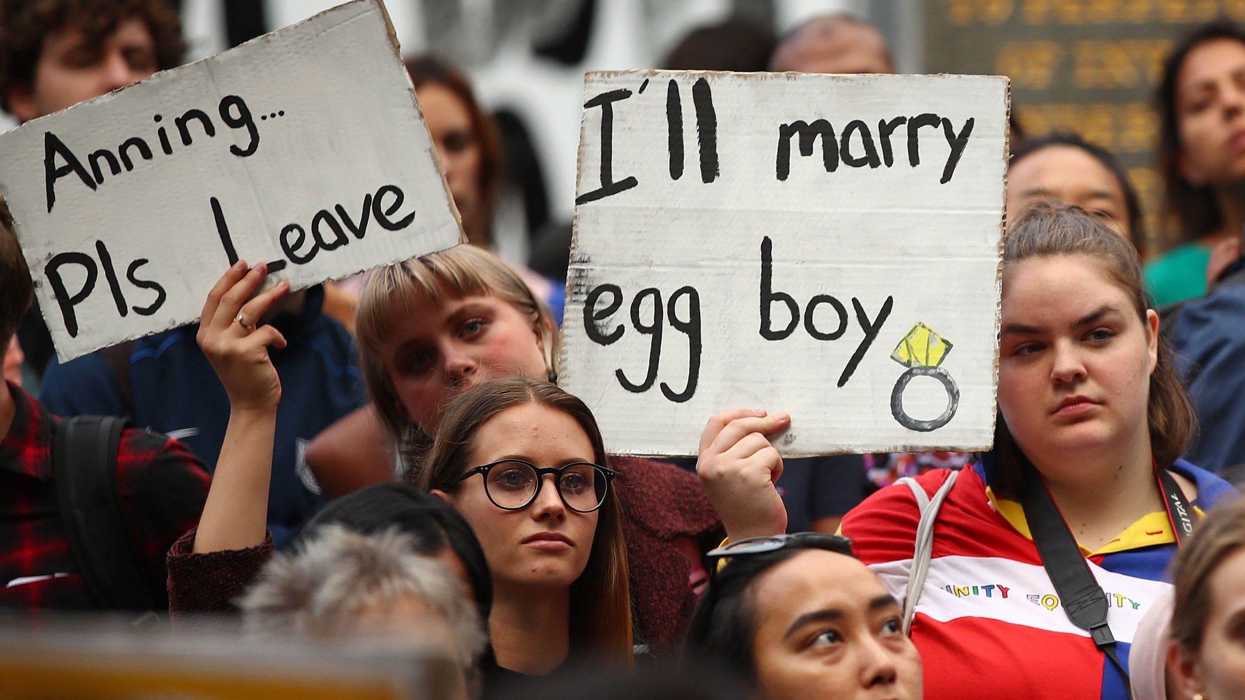 Protesters hold placards aloft as they march during the Stand Against Racism and Islamophobia: Fraser Anning Resign! rally on March 19, 2019, in Melbourne, Australia. The protesters are calling for the resignation of Sen. Fraser Anning, following the statement he issued within hours of the Christchurch terror attacks, linking the shootings at two mosques to immigration. (Credit: Scott Barbour/Getty Images)