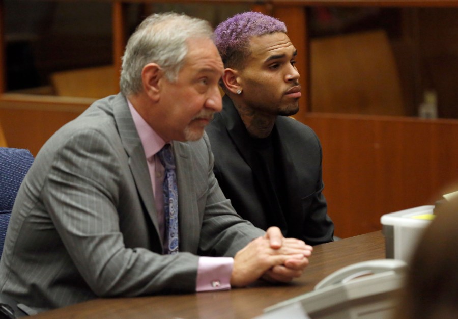 Singer Chris Brown and his lawyer Mark Geragos attend a progress hearing at Los Angeles Superior Court on March 20, 2015. (Credit: Mario Anzuoni-Pool/Getty Images)