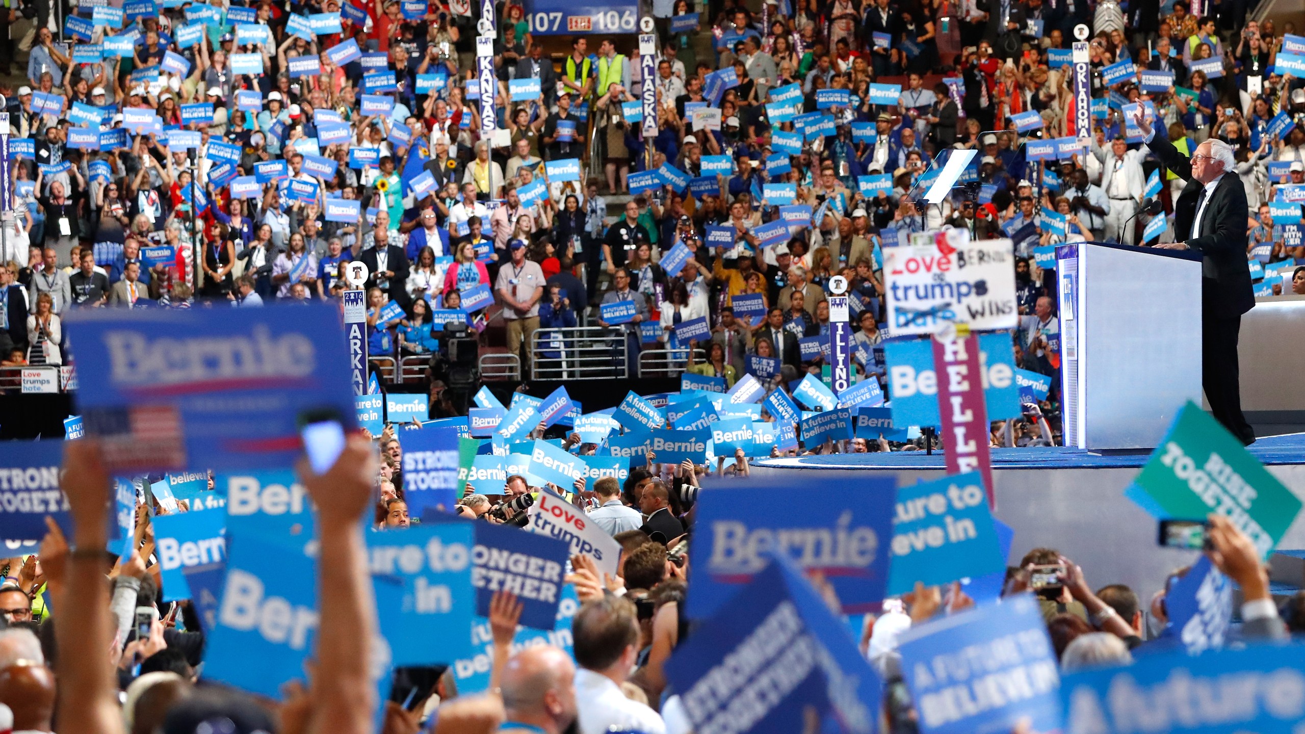 Sen. Bernie Sanders acknowledges the crowd before delivering remarks on the first day of the Democratic National Convention in Philadelphia on July 25, 2016. (Credit: Aaron P. Bernstein / Getty Images)