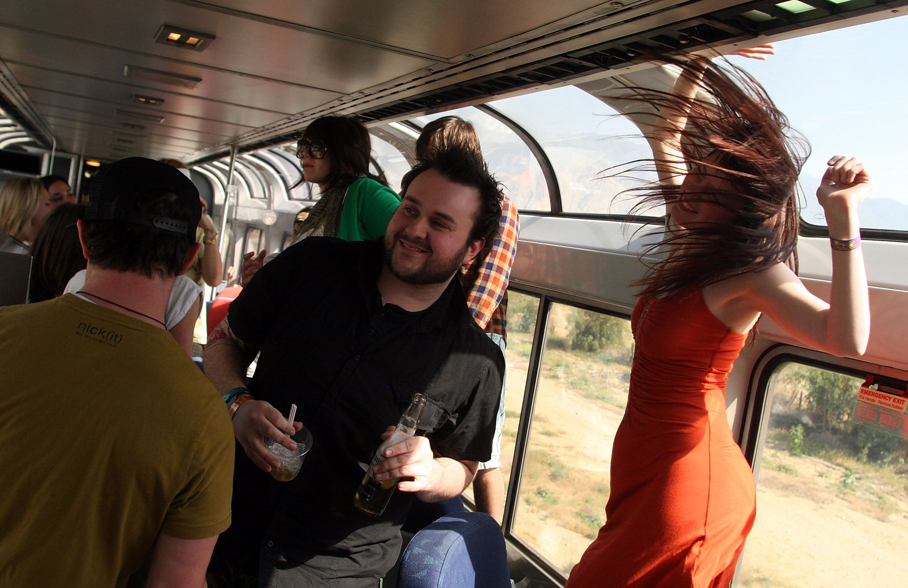 Festivalgoers ride the Coachella Express train to the Coachella Valley Music and Arts Festival in Indio on April 24, 2008. (Credit: Matt Simmons / Getty Images)