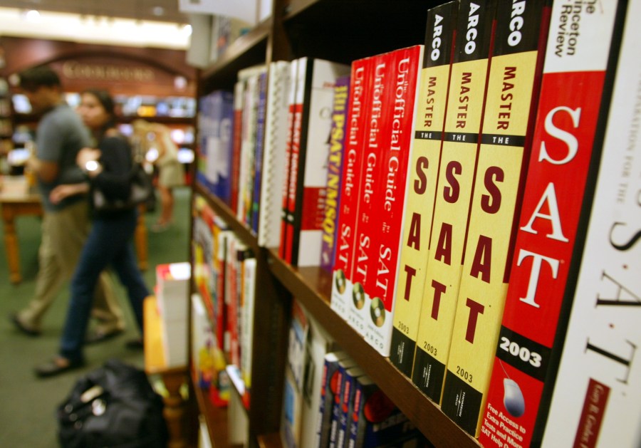 SAT test preparation books sit on a shelf at a Barnes and Noble store on June 27, 2002 in New York City. (Credit: Mario Tama/Getty Images)