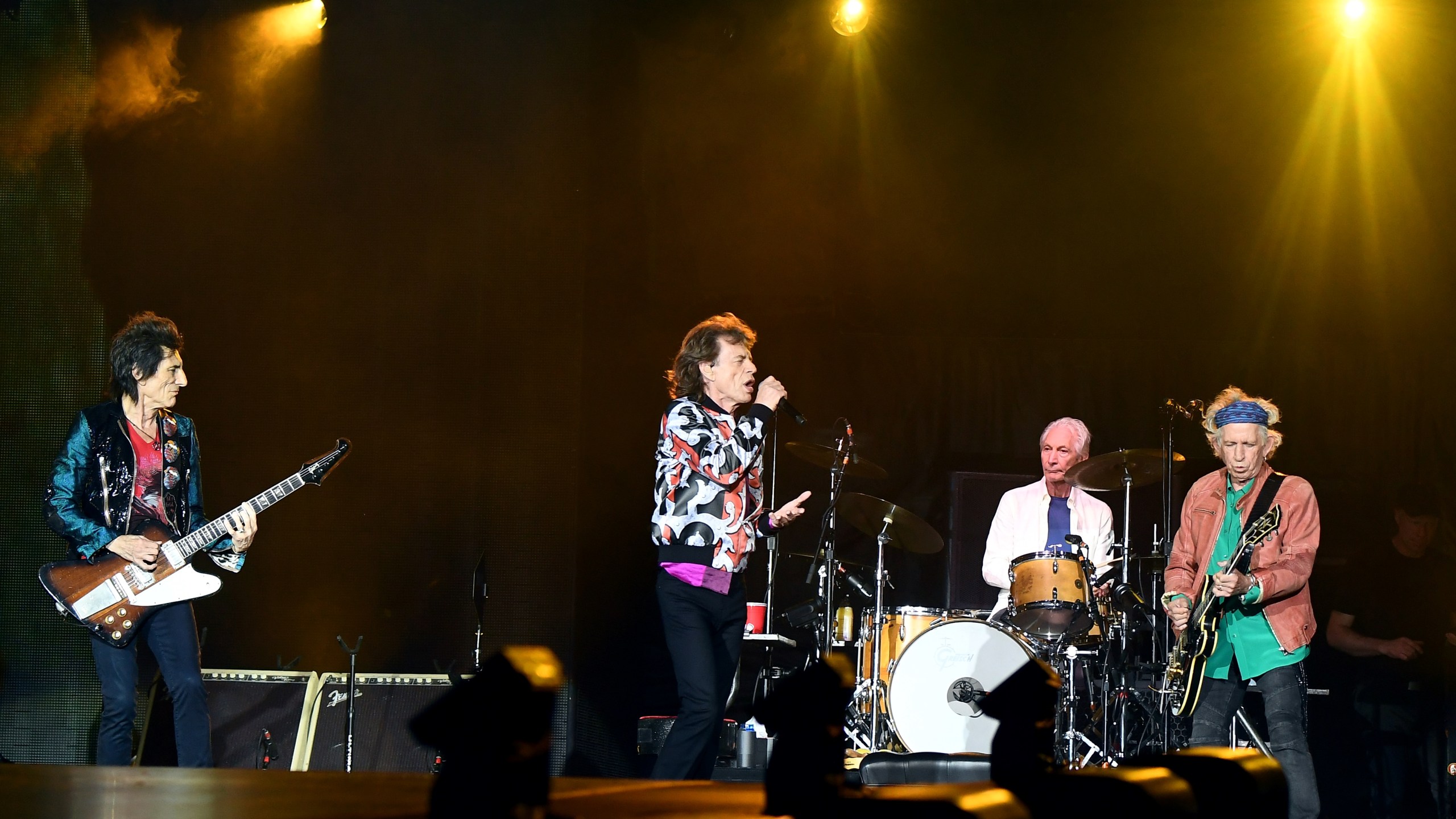 British musicians Ronnie Wood, Mick Jagger, Charlie Watts and Keith Richards of The Rolling Stones perform during a concert at The Velodrome Stadium in Marseille on June 26, 2018, as part of their 'No Filter' tour. (Credit: Boris Horvat/AFP/Getty Images)