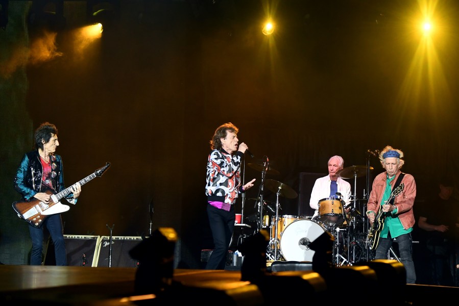 British musicians Ronnie Wood, Mick Jagger, Charlie Watts and Keith Richards of The Rolling Stones perform during a concert at The Velodrome Stadium in Marseille on June 26, 2018, as part of their 'No Filter' tour. (Credit: Boris Horvat/AFP/Getty Images)