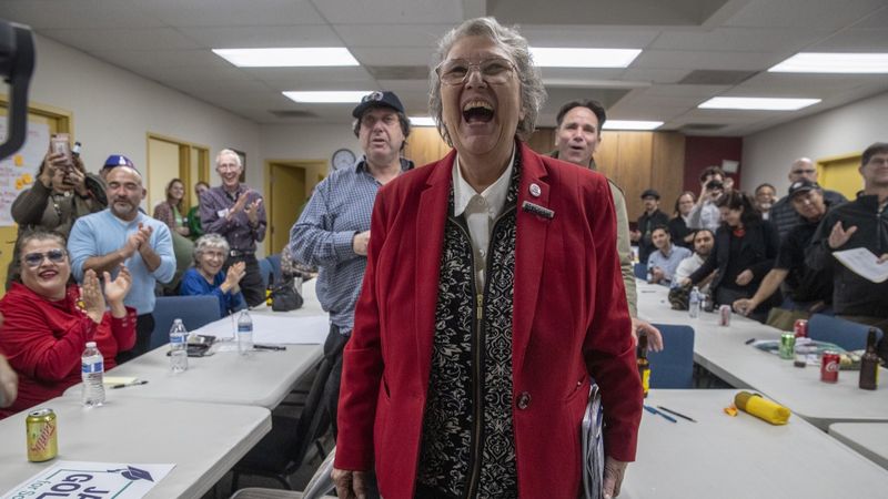 LAUSD school board candidate Jackie Goldberg reacts with joy as the first polling results are posted, showing her with 48 percent of the vote, at campaign headquarters with a roomful of volunteers on March 5, 2019. (Credit: Robert Gauthier / Los Angeles Times)