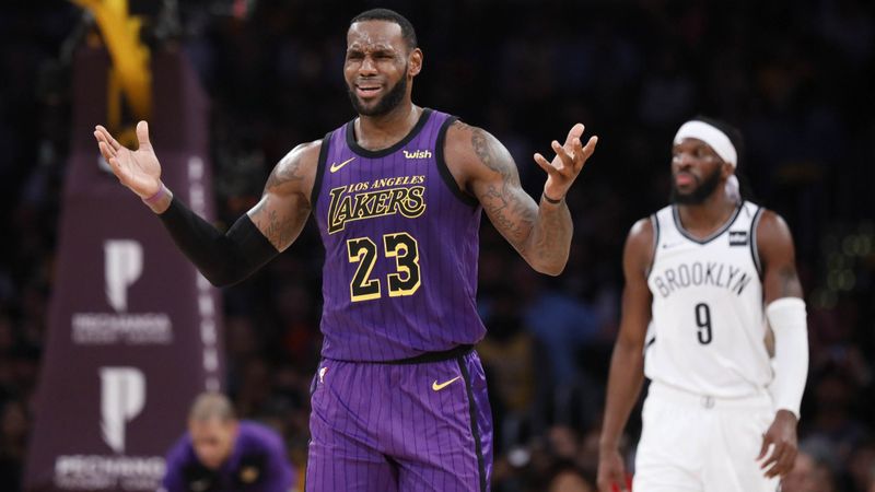 The Lakers' LeBron James reacts to a call against the Brooklyn Nets during a game on March 22, 2019 at Staples Center. (Credit: Gary Coronado / Los Angeles Times)