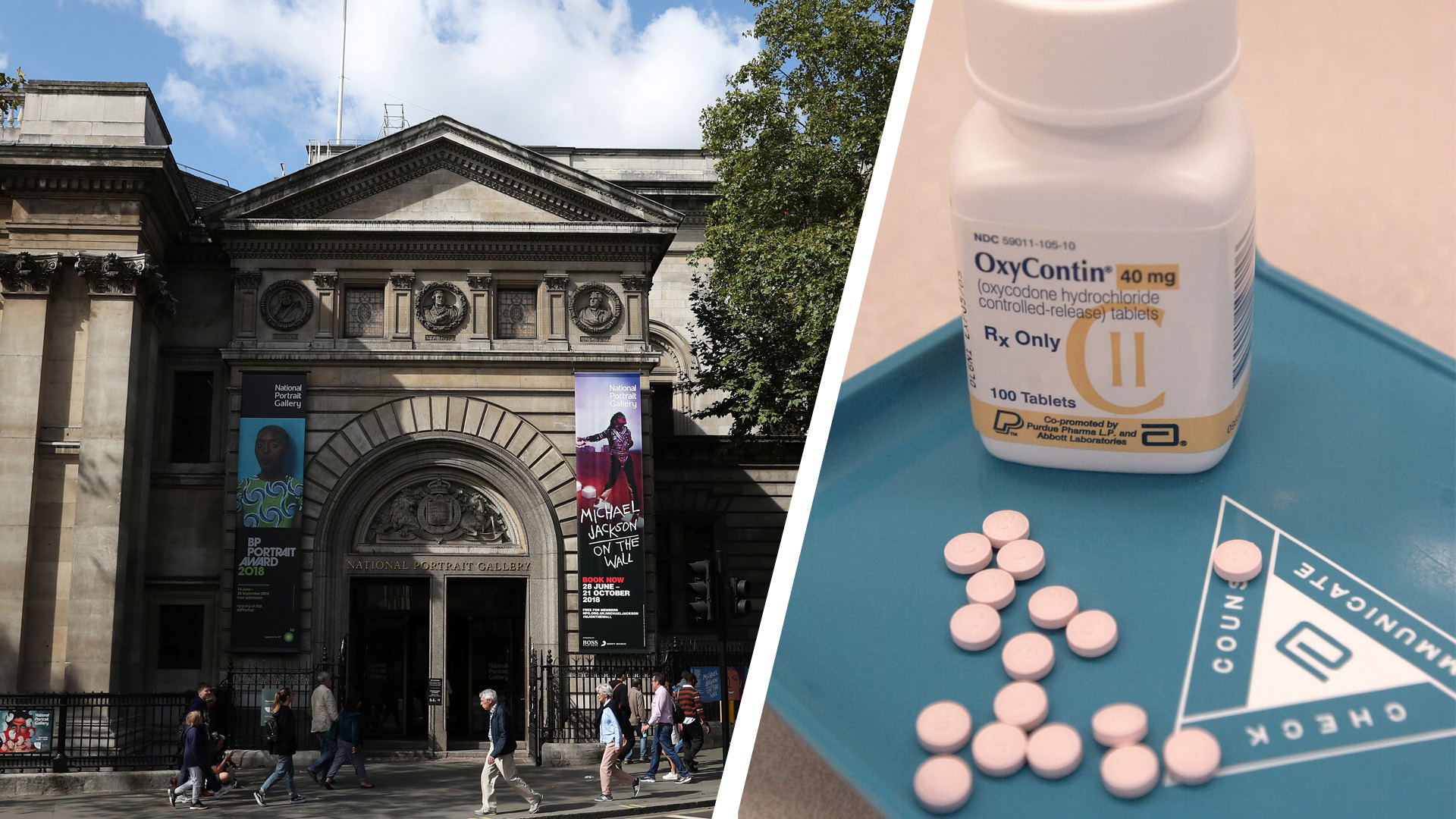 London's National Portrait Gallery is pictured next to a bottle of OxyContin. (DANIEL LEAL-OLIVAS/AFP, and Darren McCollester/Getty Images)