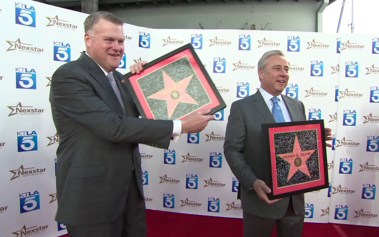 Nexstar Media Group Inc. CEO Perry A. Sook and Nexstar Broadcasting Inc. President Timothy C. Busch were welcomed to KTLA on March 18, 2019 as part of a tour of Tribune Media's 42 television stations. (Credit: KTLA)