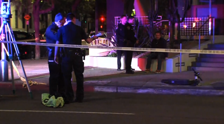 Police investigate an electric scooter crash in San Diego on March 13, 2019. (Credit: KGTV via CNN)