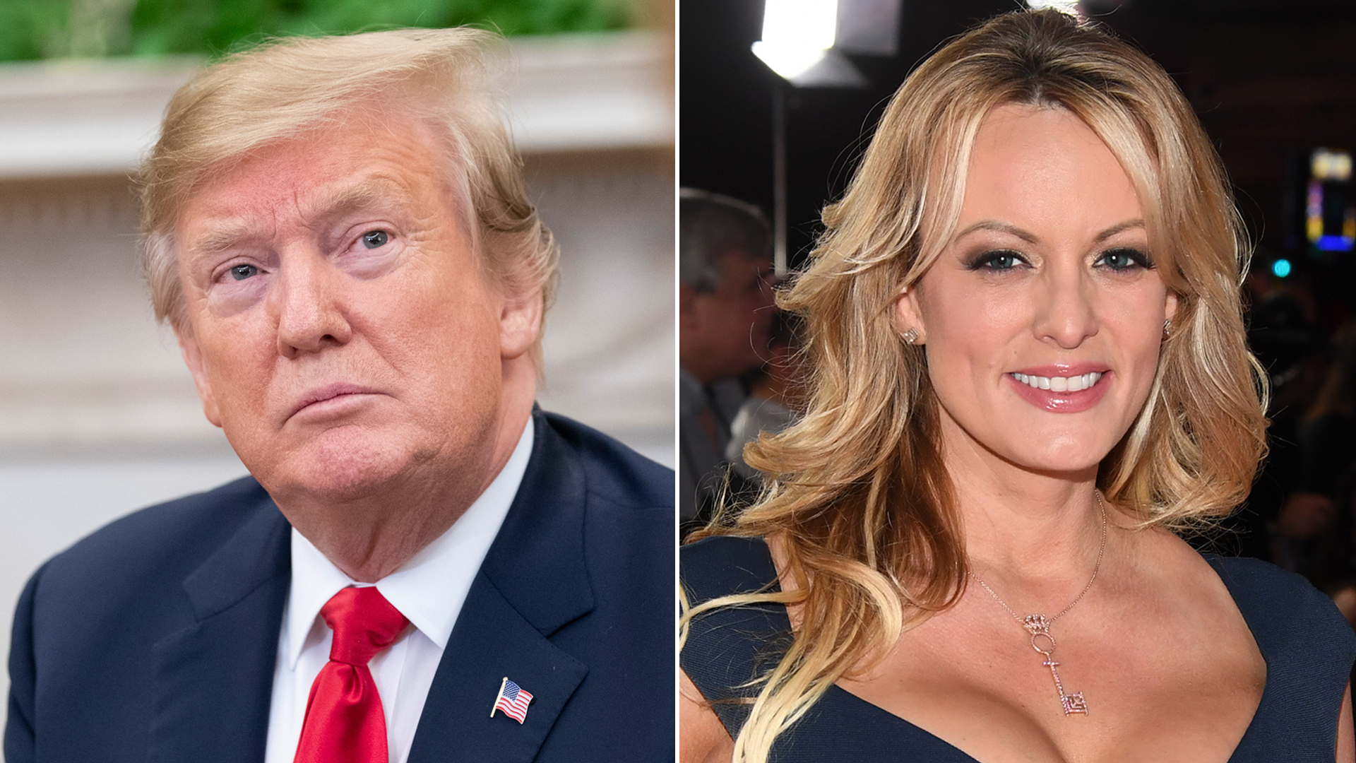 From left: President Donald Trump is seen during a meeting in the Oval Office on March 7, 2019, and director and actress Stormy Daniels attends the Adult Video News Awards in Las Vegas on Jan. 26, 2019. (Alex Edelman / Ethan Miller / Getty Images)