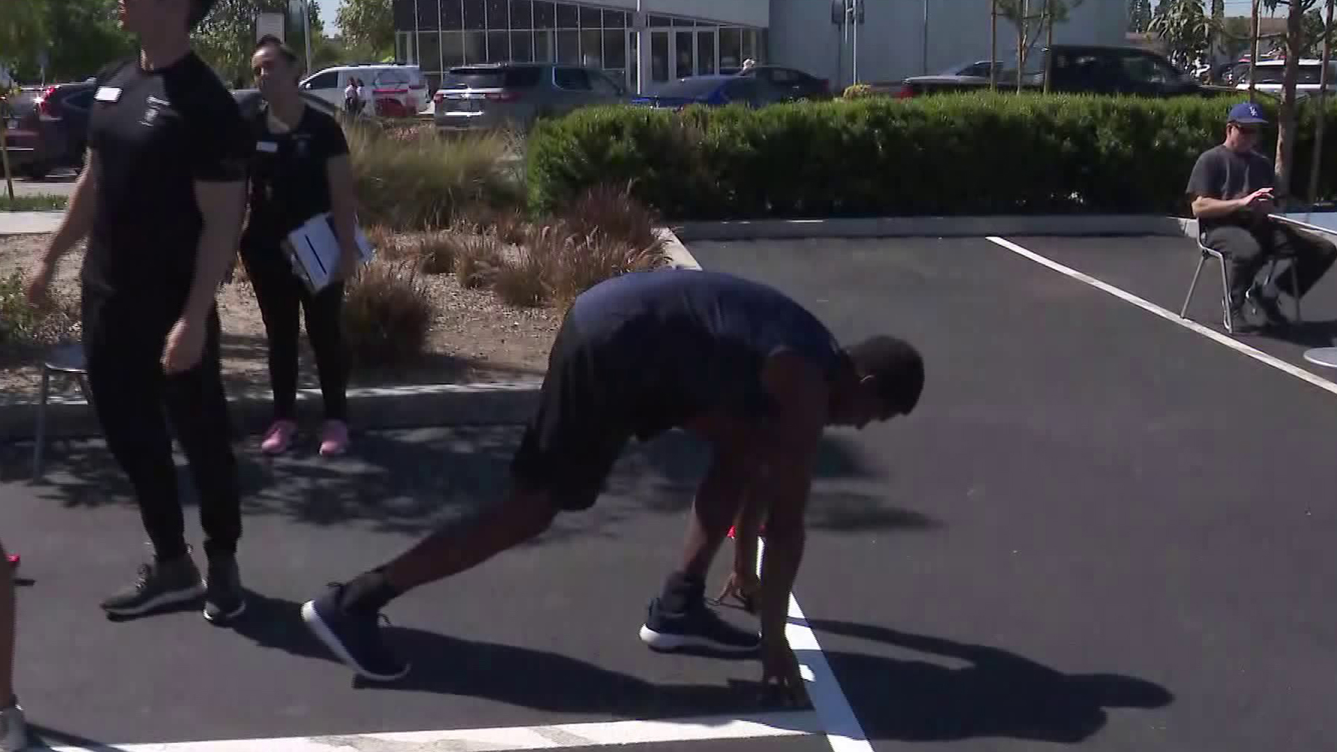 The U.S. Olympic Committee held tryouts at a 24 Hour Fitness in Downey for collegiate and amateur athletes on April 13, 2019. (Credit: KTLA)