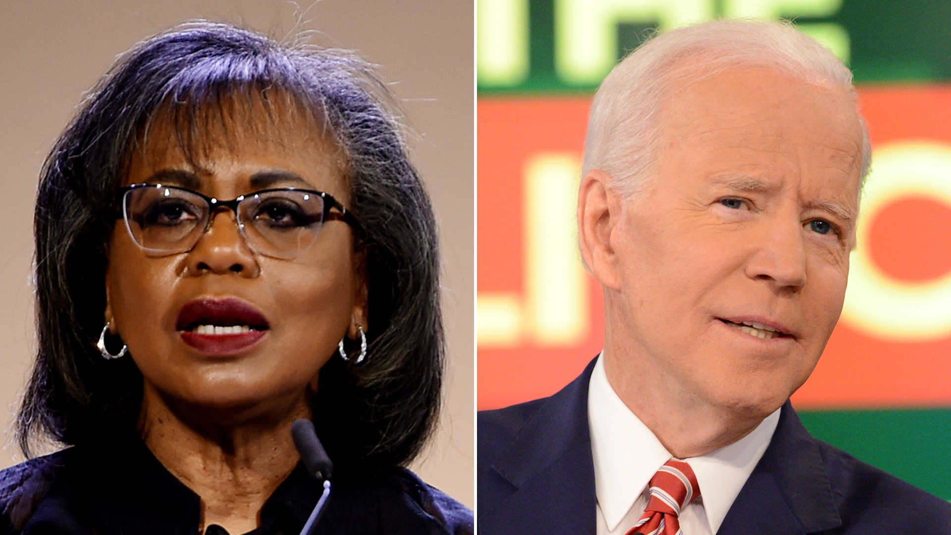 Anita Hill, left, speaks at the DVF Awards at Brooklyn Museum on April 11, 2019. Joe Biden, right, appears on ABC's "The View" on April 26, 2019. (Credit: Getty Images)