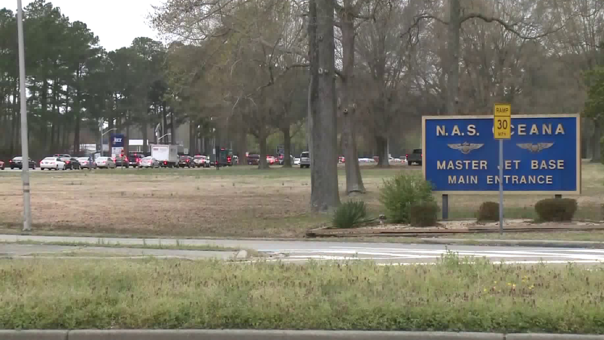 A male sailor died and a female sailor was wounded in a shooting at Naval Air Station Oceana in Virginia Beach, Virginia, on April 5, 2019. (Credit: WTKR)