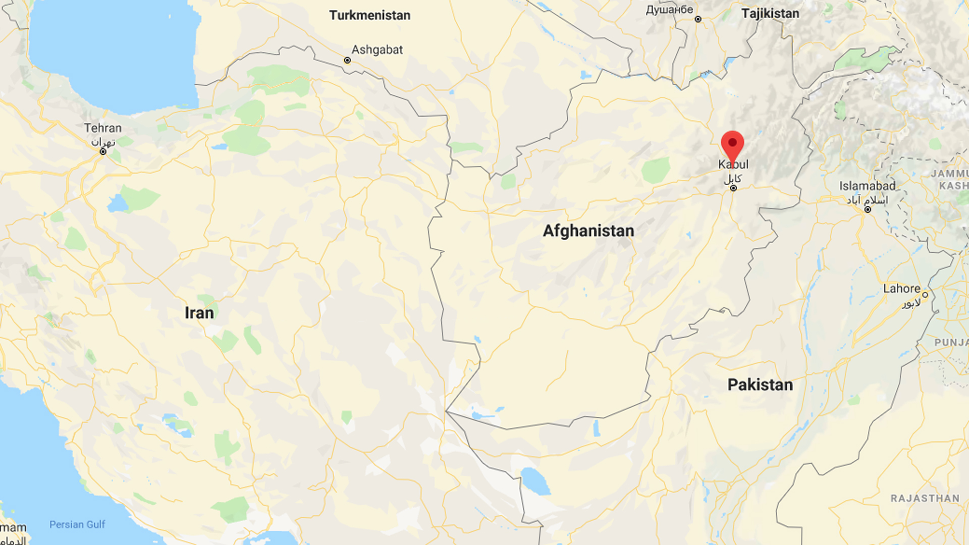 The approximate location of an April 8, 2019, roadside bombing near Bagram Air Base, north of Kabul, Afghanistan, is seen in this image from Google Maps.