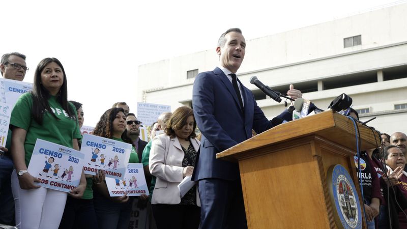 Los Angeles Mayor Eric Garcetti speaks at a news conference and rally in Grand Park on April 1, 2019 to call for a full and accurate count in the 2020 census. (Credit: Katie Falkenberg / Los Angeles Times)