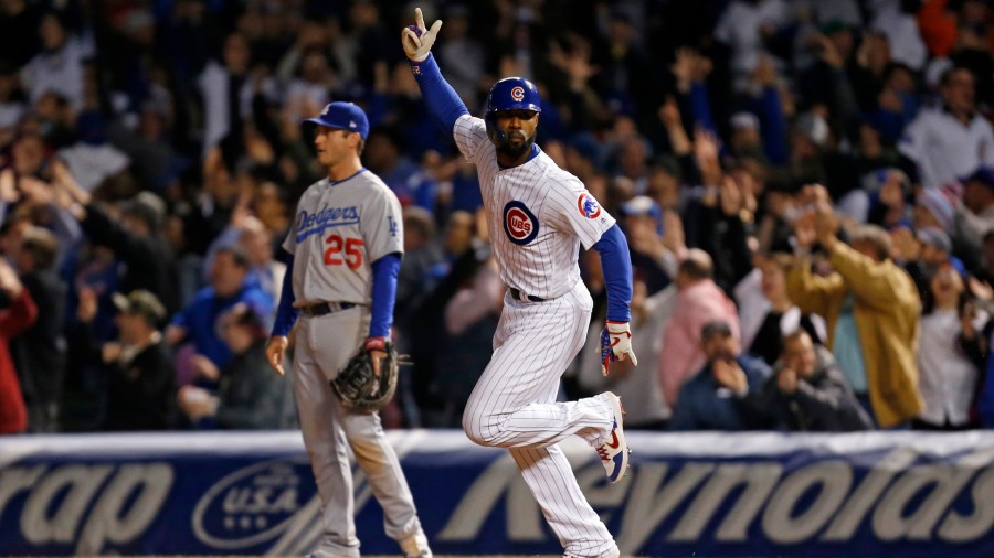 Jason Heyward #22 of the Chicago Cubs rounds the bases following his three run home run against the Los Angeles Dodgers during the sixth inning of a game at Wrigley Field on April 24, 2019 in Chicago, Illinois. (Credit: Nuccio DiNuzzo/Getty Images)