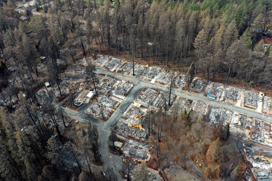 Homes in Paradise destroyed by the Camp Fire are seen in an aerial view on Feb. 11, 2019. (Credit: Justin Sullivan / Getty Images)