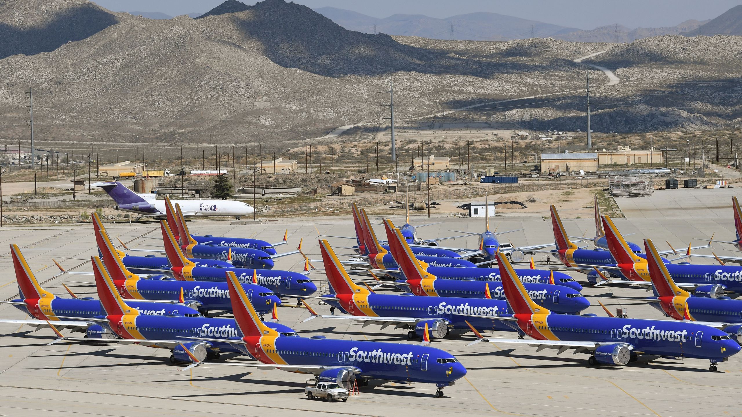 Southwest Airlines Boeing 737 MAX aircrafts are parked on the tarmac after being grounded at the Southern California Logistics Airport in Victorville on March 28, 2019. (Credit: Mark Ralston/AFP/Getty Images)