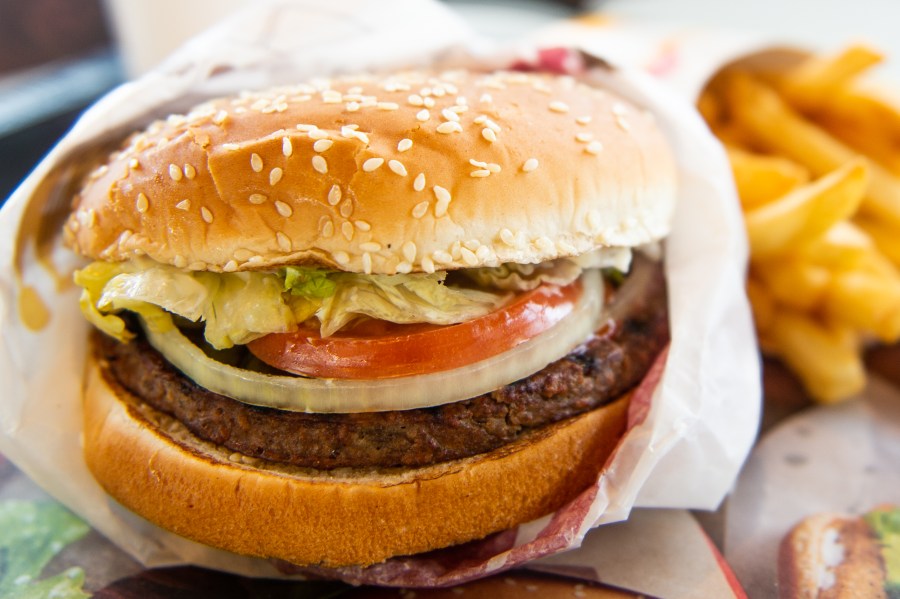 In this photo illustration, an 'Impossible Whopper' sits on a table at a Burger King restaurant on April 1, 2019 in Richmond Heights, Missouri. (Credit: Michael Thomas/Getty Images)