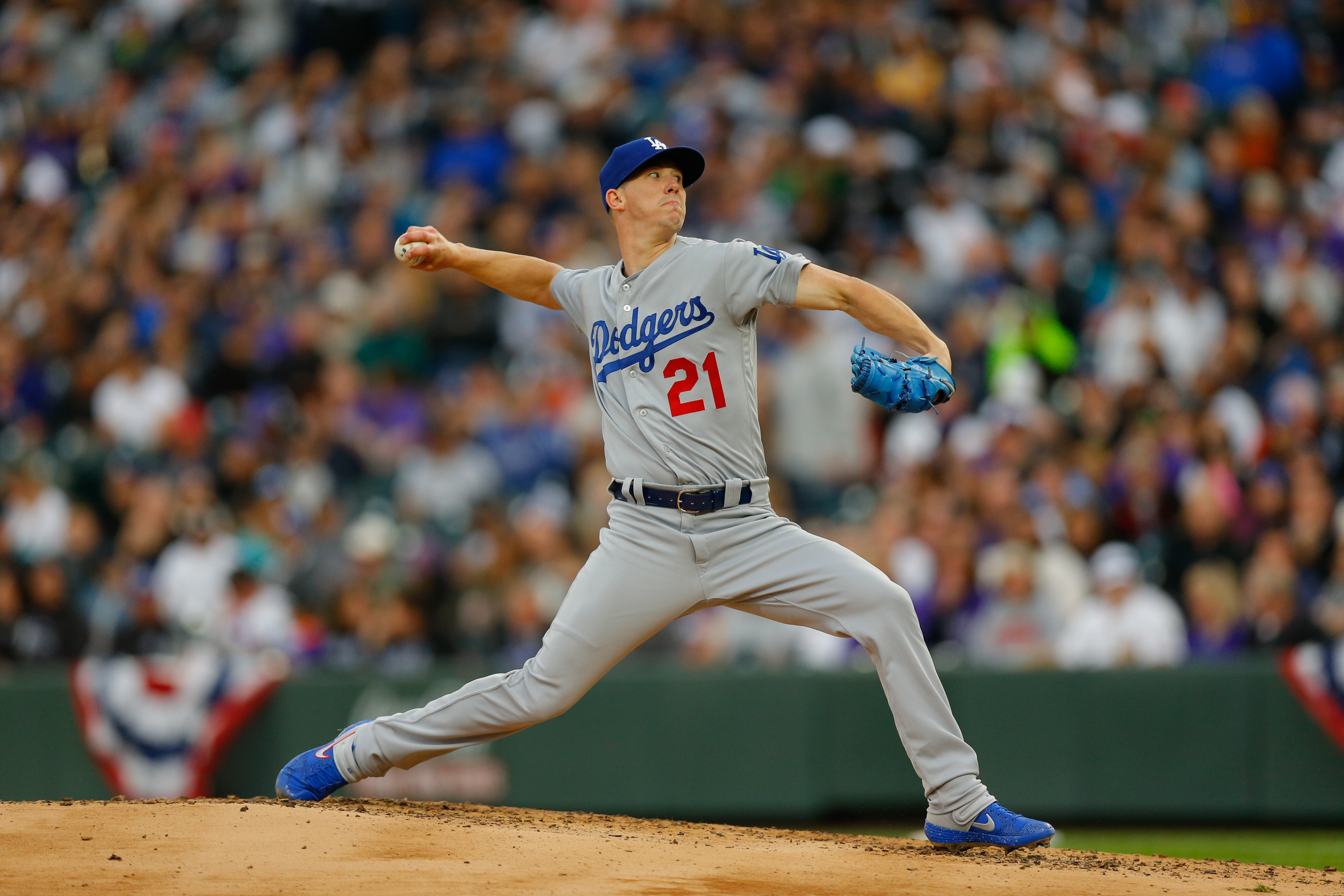 Walker Buehler delivers to home plate during the third inning against the Colorado Rockies at Coors Field on April 6, 2019. (Credit: Justin Edmonds/Getty Images)