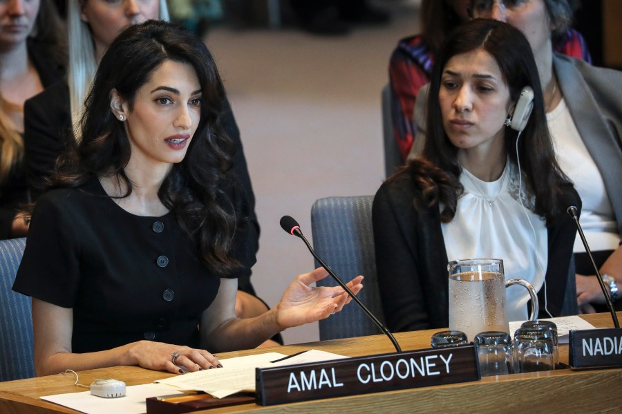 Human rights lawyer Amal Clooney and Iraqi human rights activist Nadia Murad Basee Taha at a United Nations Security Council meeting at the U.N. headquarters on April 23, 2019, in New York City. (Credit: Drew Angerer/Getty Images)