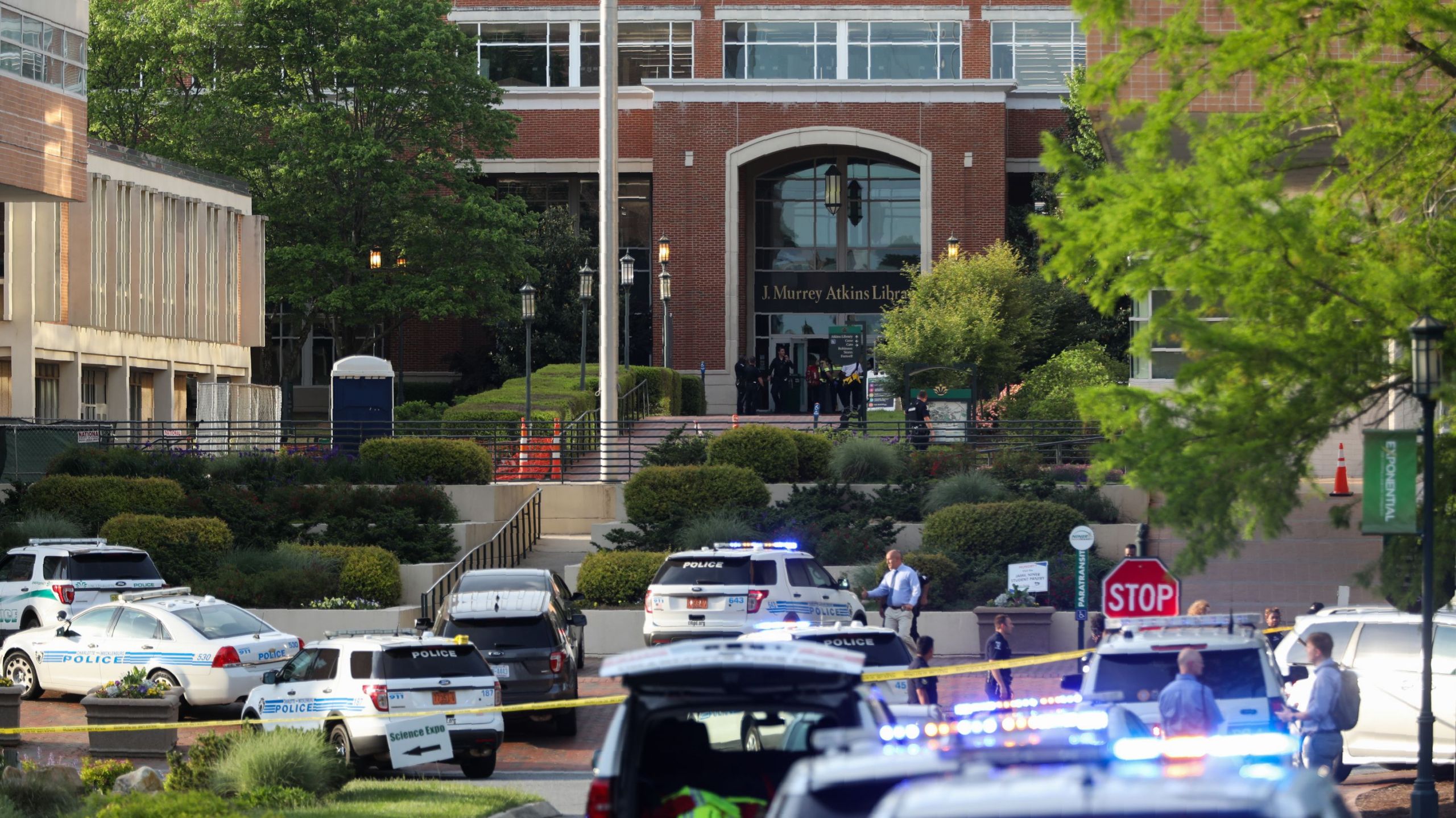 Police keep the campus on lockdown after a shooting at the University of North Carolina Charlotte in University City, Charlotte, on April 30, 2019.(Credit: LOGAN CYRUS/AFP/Getty Images)