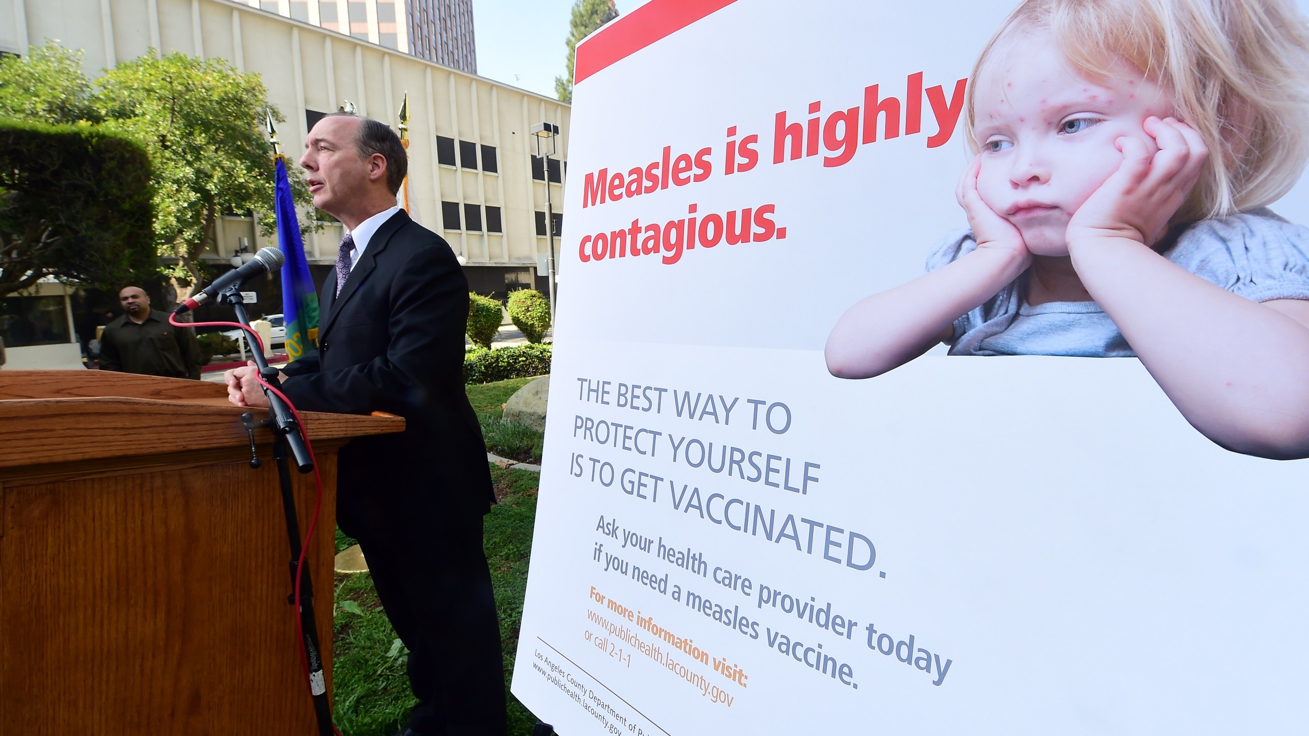 Dr. Jeffrey Gunzenhauser, interim health officer from the Los Angeles County Department of Public Health, briefs the media outside the Department of Public Health in Los Angeles, on Feb. 4, 2015, with a general update of the measles outbreak in Los Angeles County. (Credit: FREDERIC J. BROWN/AFP/Getty Images)