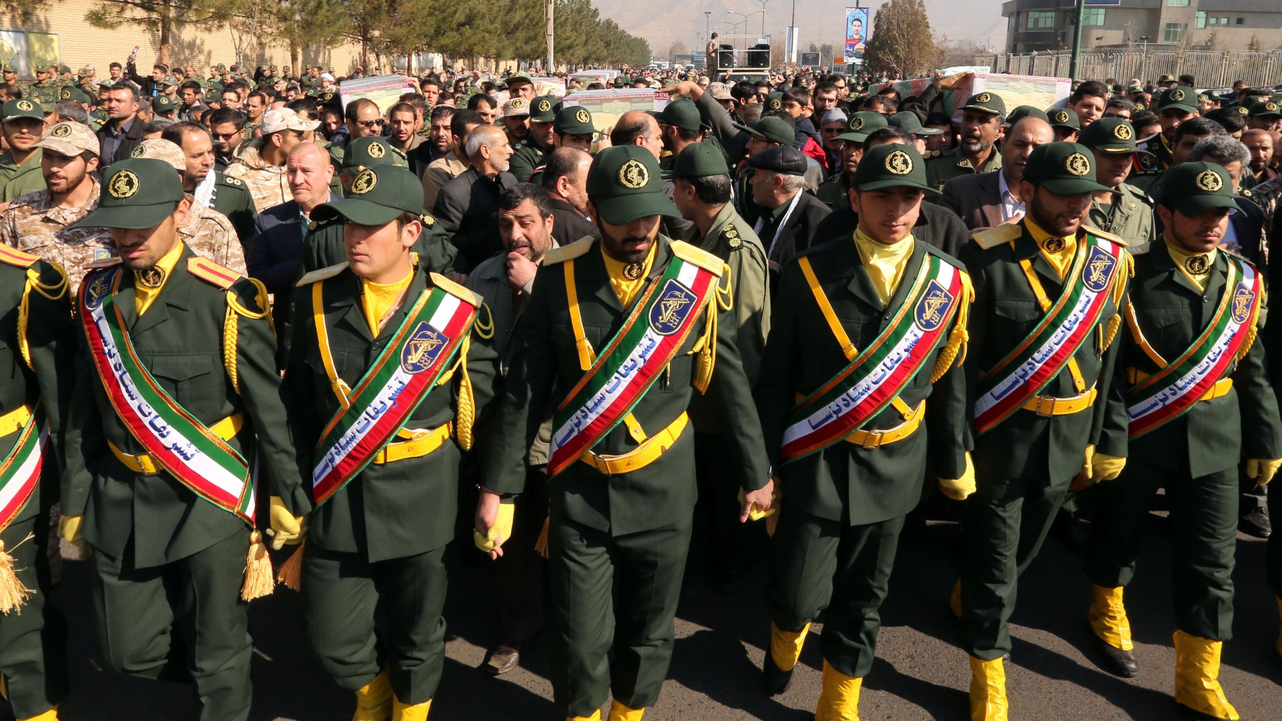 Members of the Iranian Revolutionary Guard carry the casket of Iran's Revolutionary Guards Brigadier General Mohsen Ghajarian in the capital Tehran on Feb. 6, 2016.