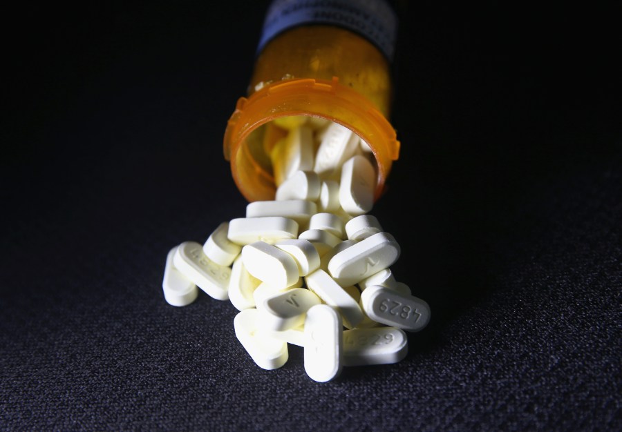 Oxycodone pain pills prescribed for a patient with chronic pain lie on display on March 23, 2016, in Norwich, Connecticut. (Credit: John Moore / Getty Images)