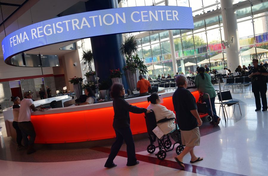 A Federal Emergency Management Agency booth for evacuees of Hurricane Harvey is seen at the George R. Brown Convention Center in Houston on Sept. 2, 2017. (Credit: MANDEL NGAN/AFP/Getty Images)