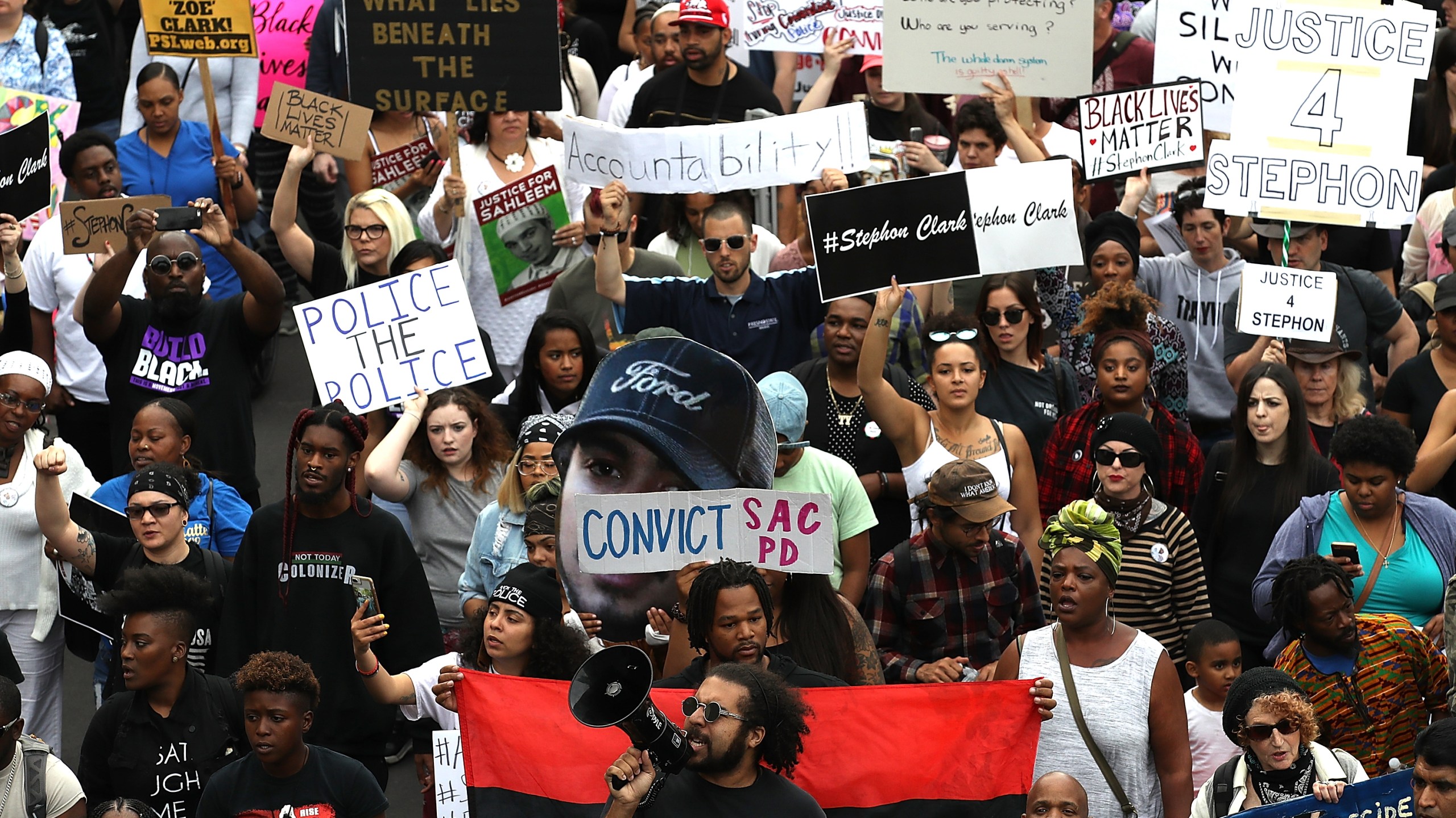 Black Lives Matter protesters take to the streets during a march and demonstration on April 4, 2018 in Sacramento. (Credit: Justin Sullivan/Getty Images)