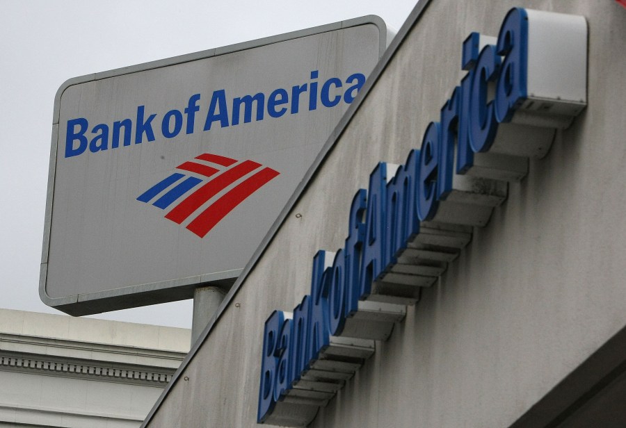 The Bank of America logo is displayed on the side of a Bank of America branch office on Jan. 20, 2010 in San Francisco. (Credit: Justin Sullivan/Getty Images)