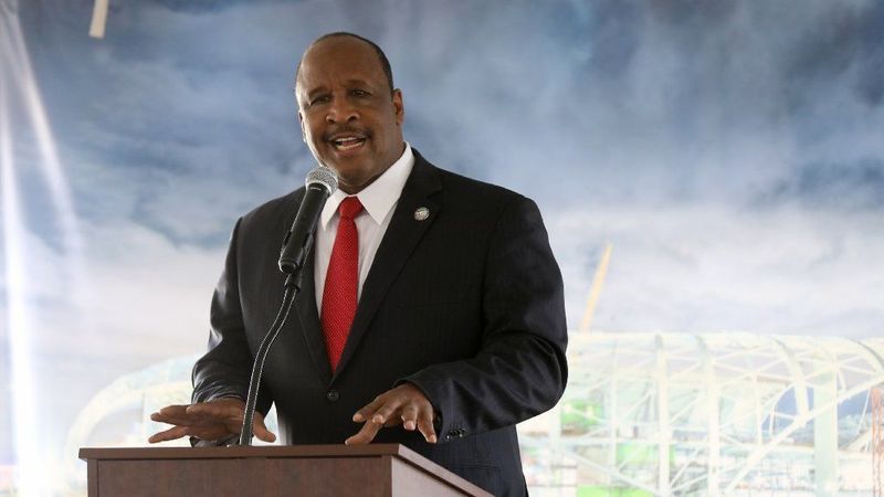 Inglewood Mayor James T. Butts Jr. attends the Canopy Shell Topping Out Celebration in Inglewood on April 15, 2019, to celebrate progress on L.A. Stadium, the future home of the Chargers and Rams. (Credit: Gary Coronado / Los Angeles Times)