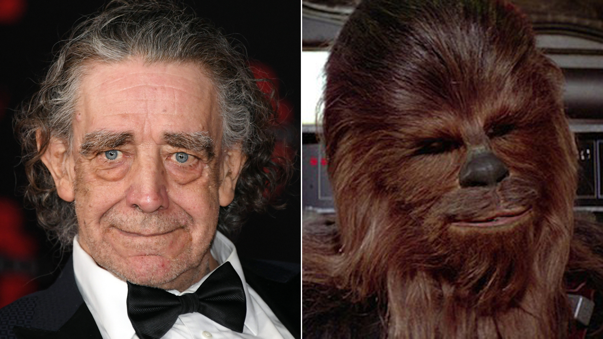 Actor Peter Mayhew is seen, left, at the premiere of "Star Wars: The Last Jedi" at The Shrine Auditorium on Dec. 9, 2017, and right, is seen in a still image from "Star Wars: Episode IV A New Hope." (Credit: Ethan Miller / Getty Images)