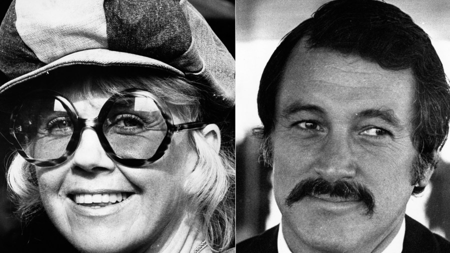 On left: Hollywood actress Doris Day arrives at London's Heathrow Airport for a vacation in England Sept. 20, 1973. (Credit: Graham Wood/Evening Standard/Getty Images) On right: American screen actor Rock Hudson is seen in an undated photo. (Credit: R Jones/Getty Images)