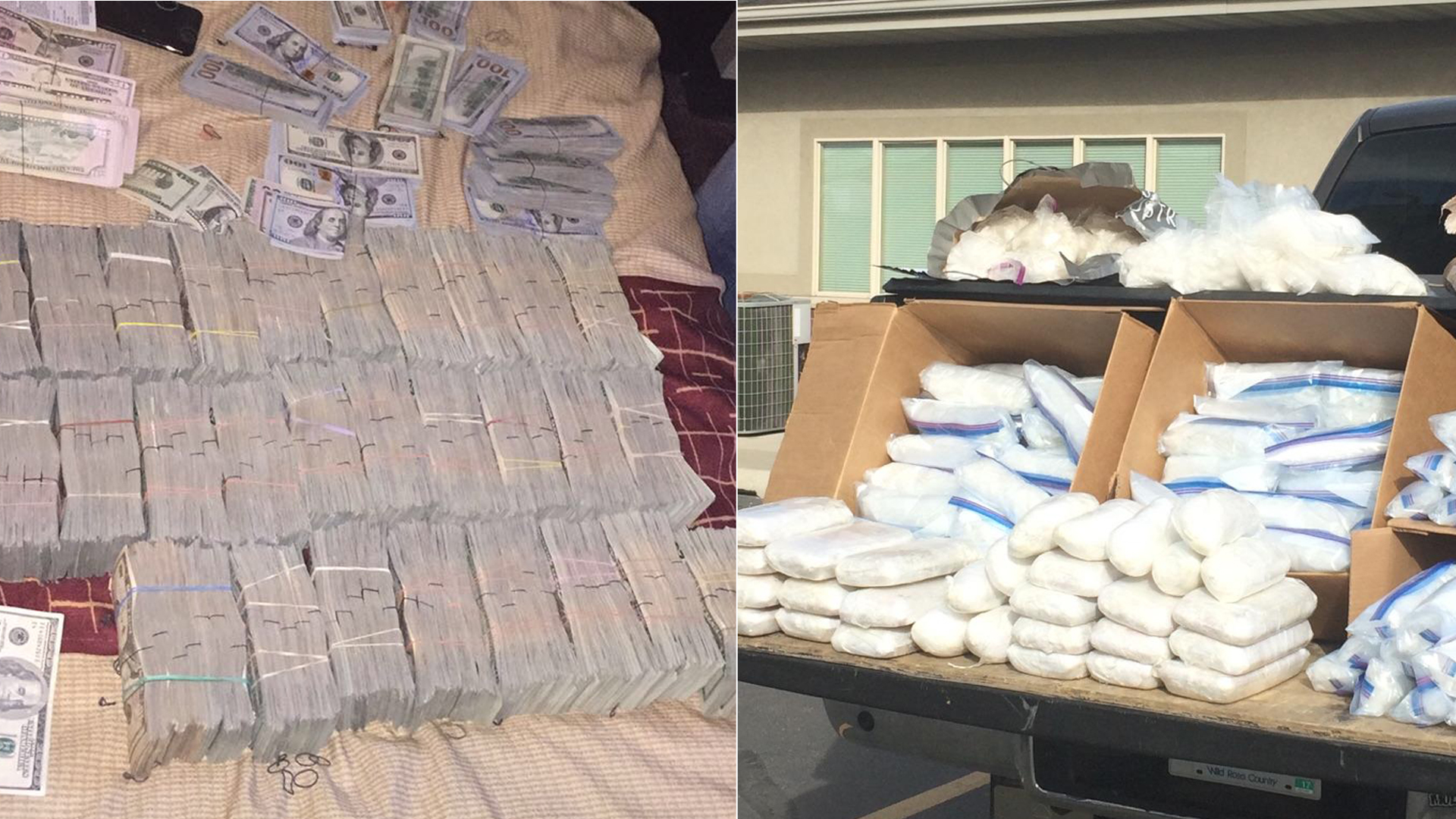 On left, stacks of cash seized during the investigation into a Mexico-L.A. drug trafficking ring are pictured. Bundles of narcotics are seen on the right. The photos were released by the U.S. Department of Justice on May 30, 2019.