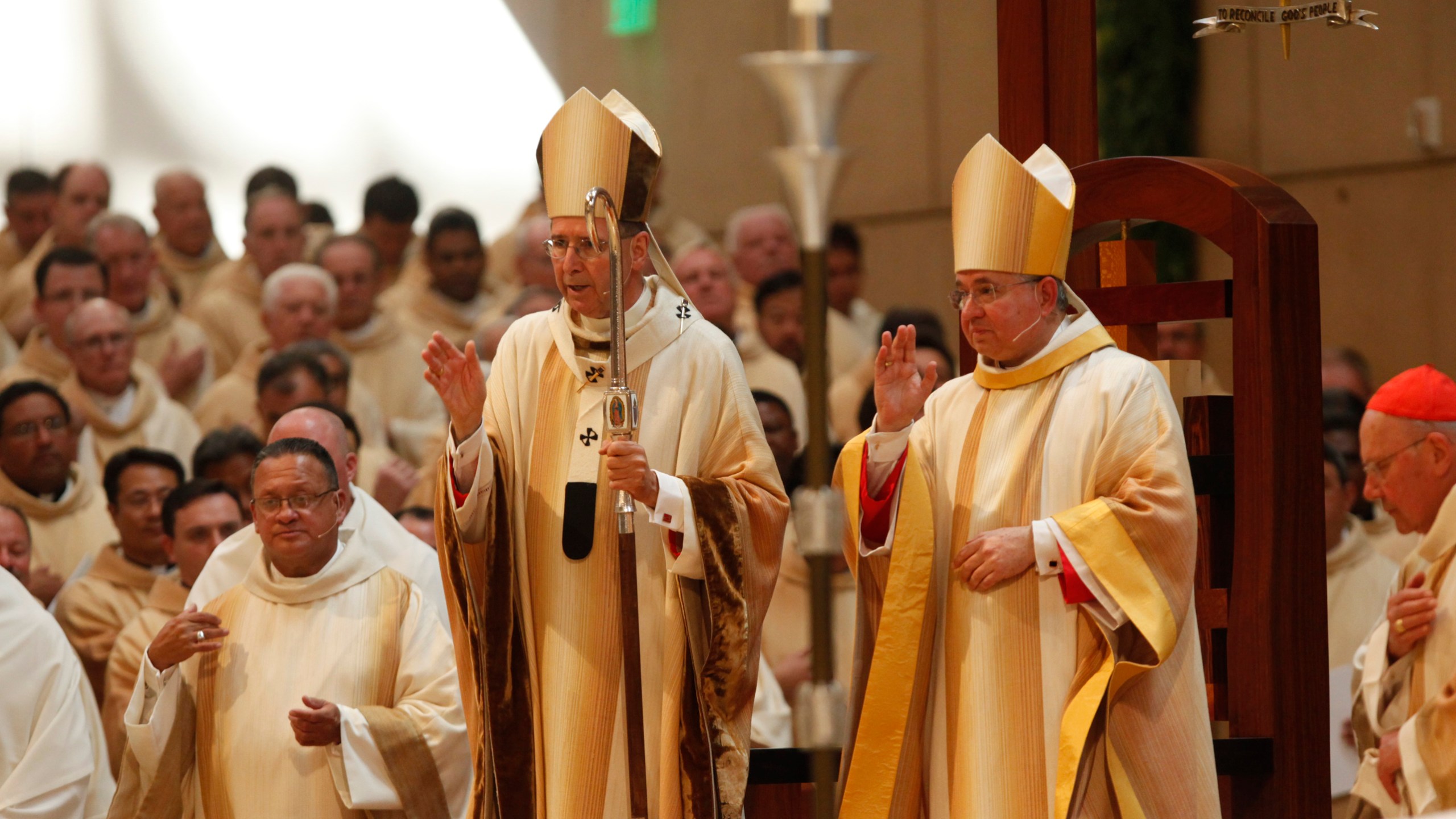 Cardinal Roger Mahony celebrates a welcoming Mass with Archbishop Jose H. Gomez at the Cathedral of Our Lady of the Angels on May 26, 2010 in downtown Los Angeles. (Credit: Reed Saxon-Pool/Getty Images)