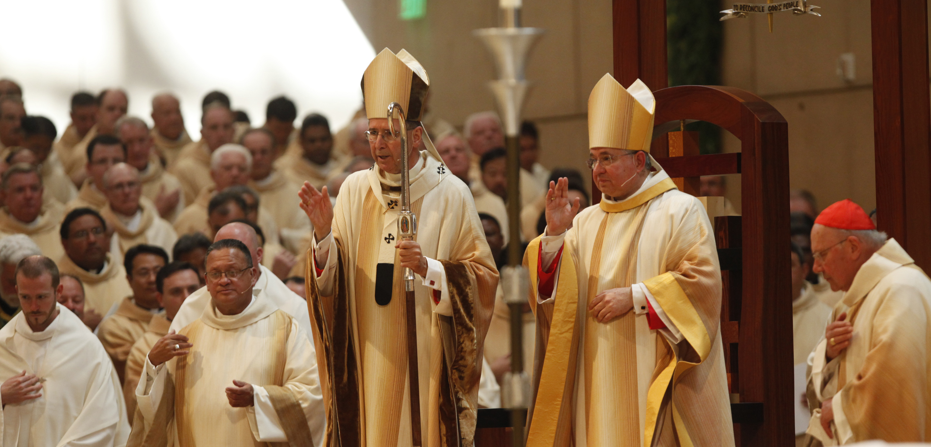 Cardinal Roger Mahony celebrates a welcoming Mass with Archbishop Jose H. Gomez at the Cathedral of Our Lady of the Angels on May 26, 2010 in downtown Los Angeles. (Credit: Reed Saxon-Pool/Getty Images)