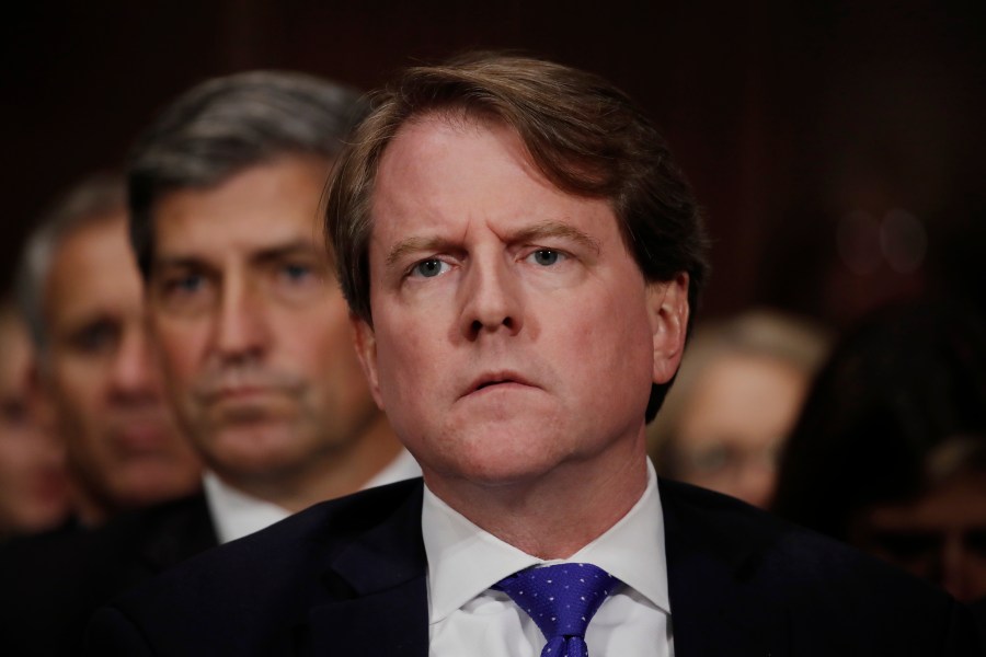 White House counsel Don Mcgahn listens to Judge Brett Kavanaugh testify before the Senate Judiciary Committee during his Supreme Court confirmation hearing in the Dirksen Senate Office Building on Capitol Hill September 27, 2018 in Washington, DC. (Credit: Jim Bourg-Pool/Getty Images)