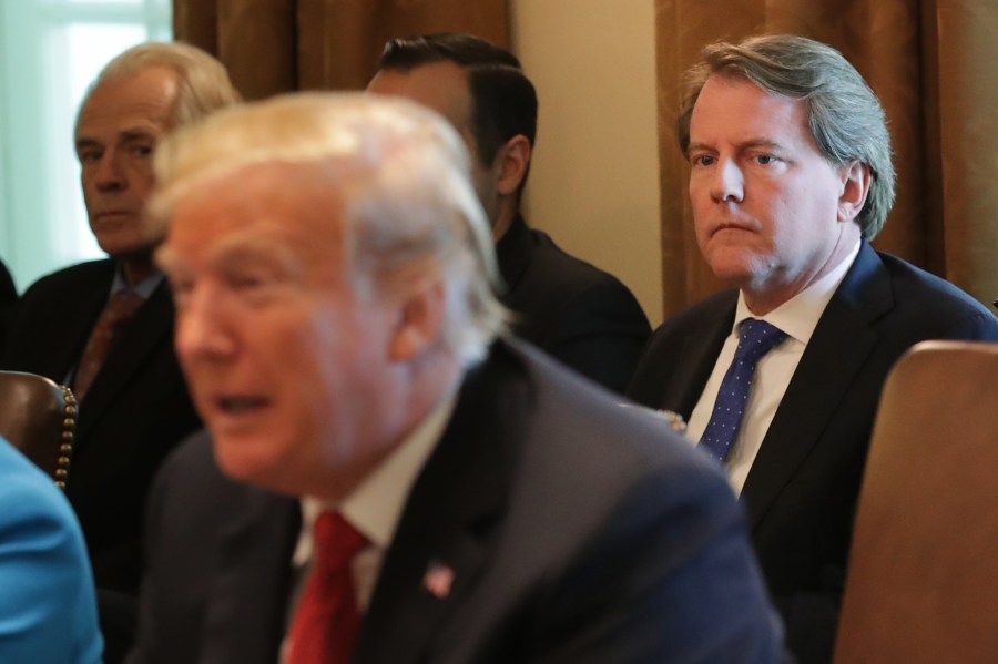 Don McGahn, right, attends a cabinet meeting with Donald Trump in the Cabinet Room at the White House on Oct. 17, 2018 in Washington, D.C. (Credit: Chip Somodevilla/Getty Images)